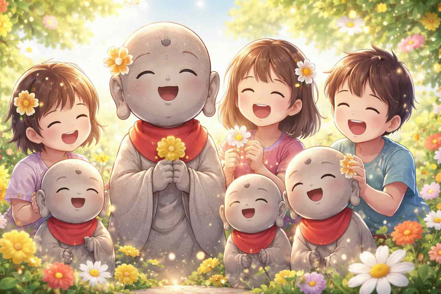 子供達とお地蔵さんが御守りのお花を持って明るく笑い合う